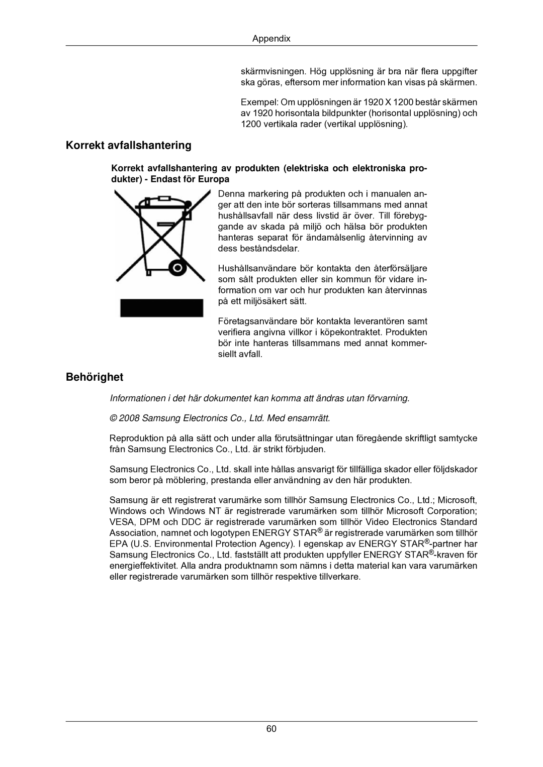 Samsung LS24CMKKFV/EN manual Korrekt avfallshantering, Behörighet 