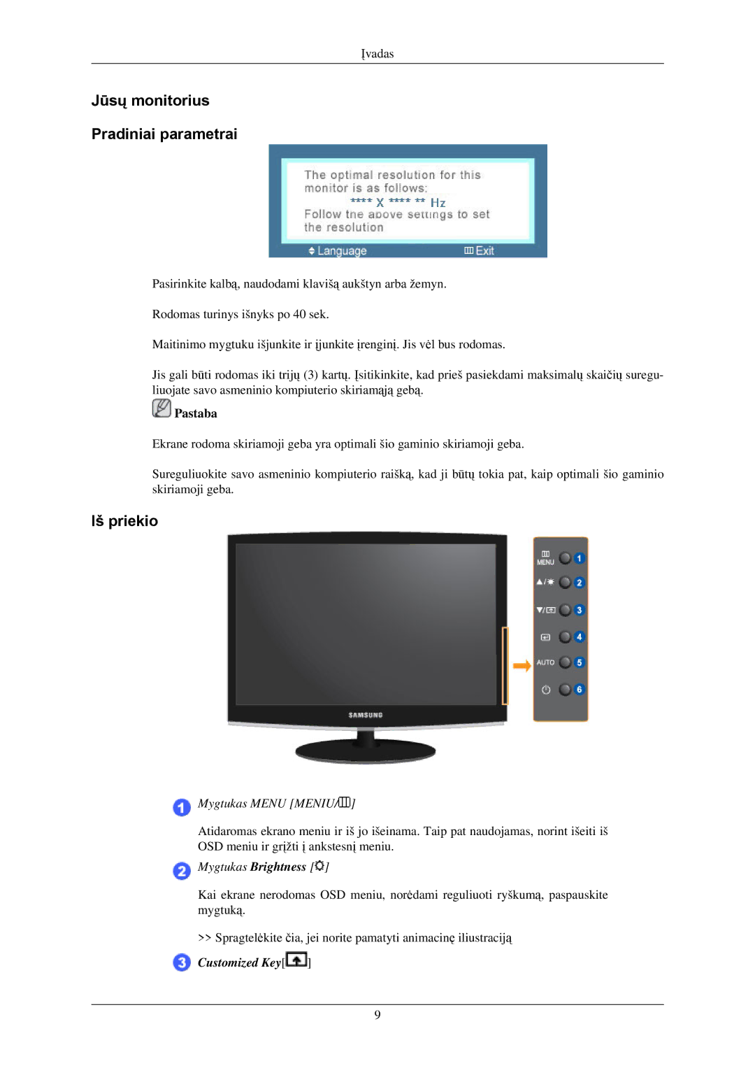 Samsung LS24CMKKFV/EN manual Jūsų monitorius Pradiniai parametrai, Iš priekio 