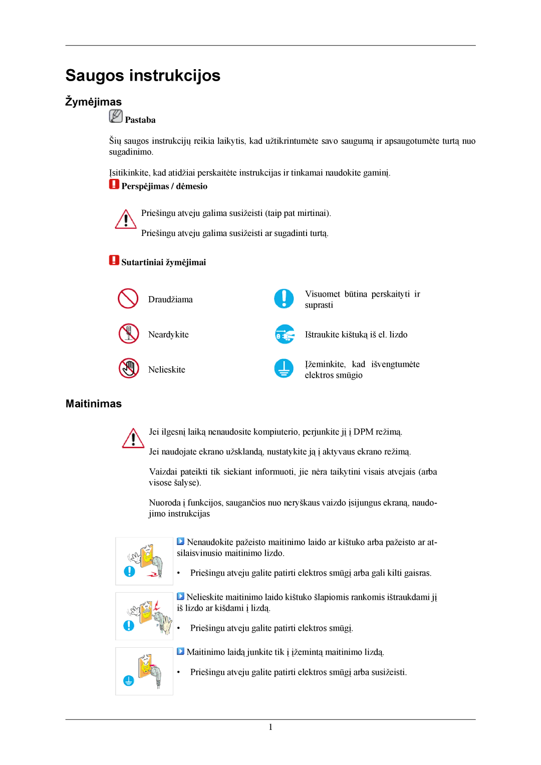 Samsung LS24CMKKFV/EN manual Saugos instrukcijos, Žymėjimas, Maitinimas 