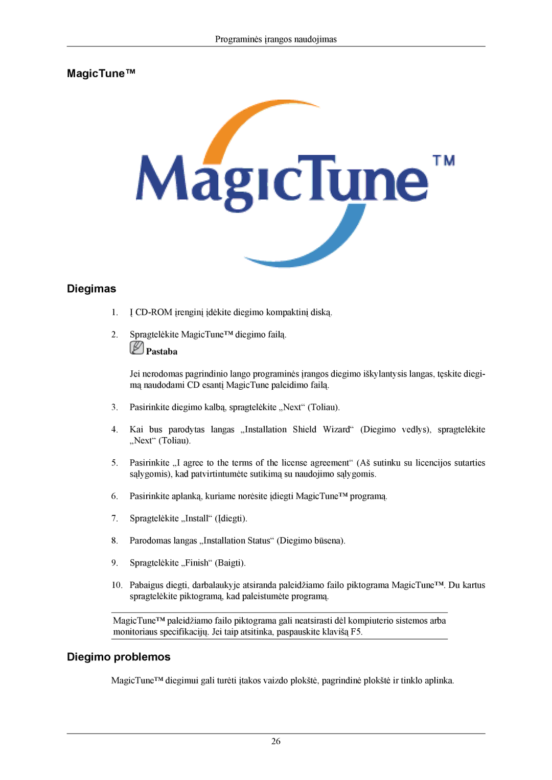 Samsung LS24CMKKFV/EN manual MagicTune Diegimas, Diegimo problemos 