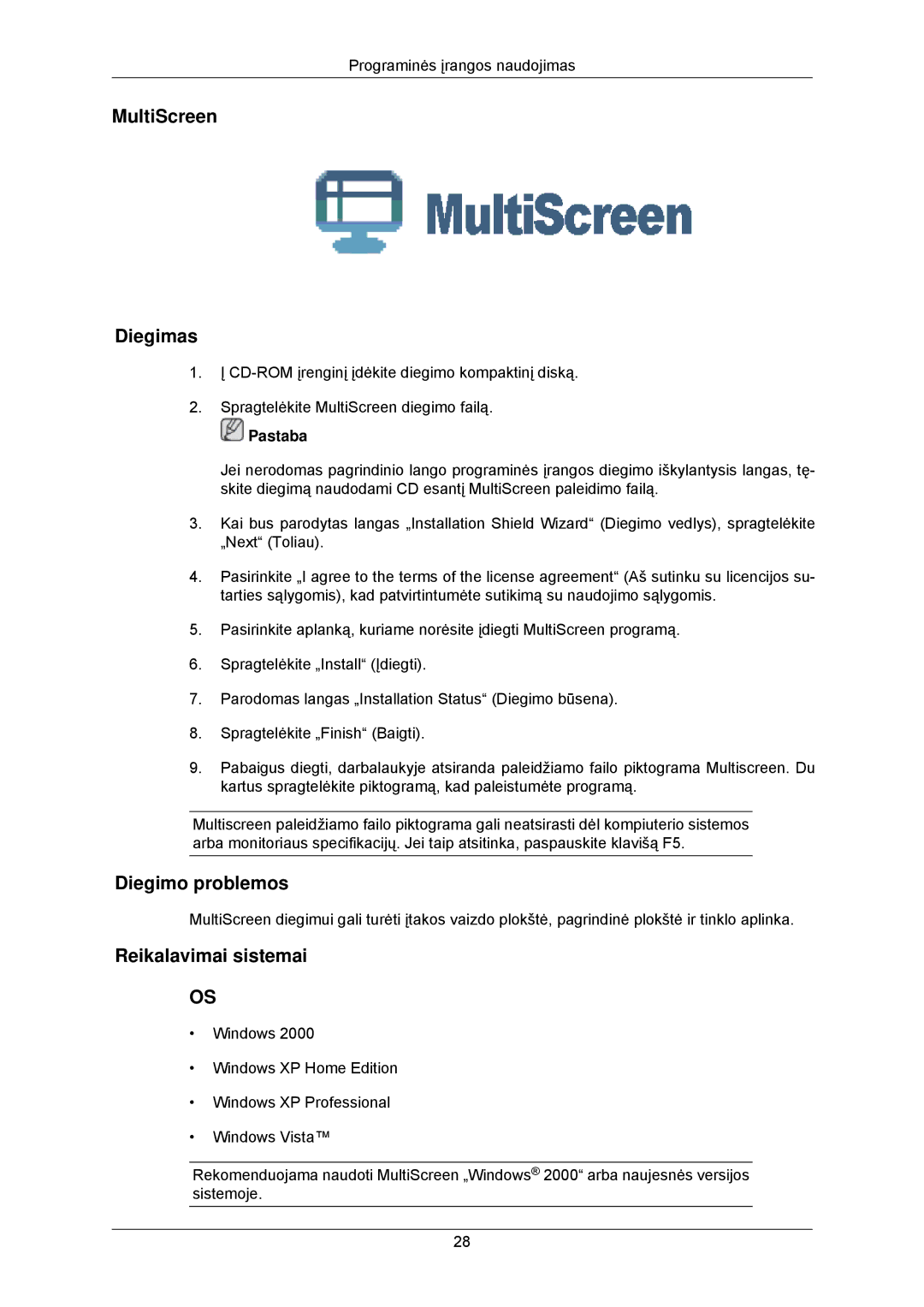 Samsung LS24CMKKFV/EN manual MultiScreen Diegimas, Pastaba 