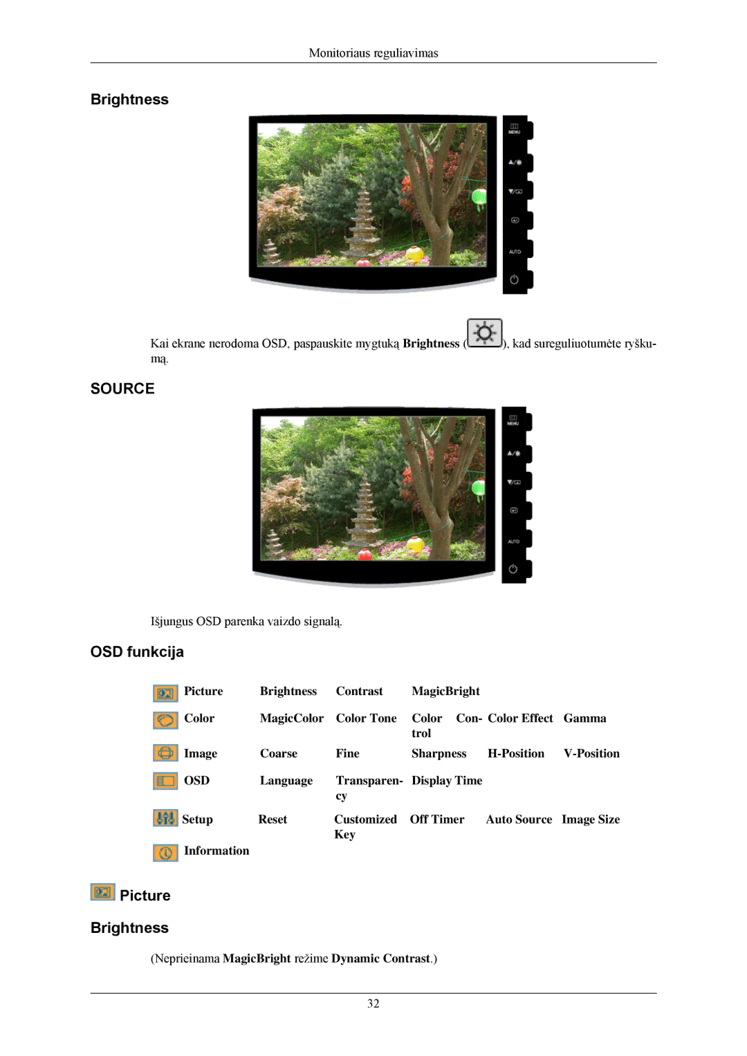 Samsung LS24CMKKFV/EN manual OSD funkcija, Picture Brightness, Neprieinama MagicBright režime Dynamic Contrast 