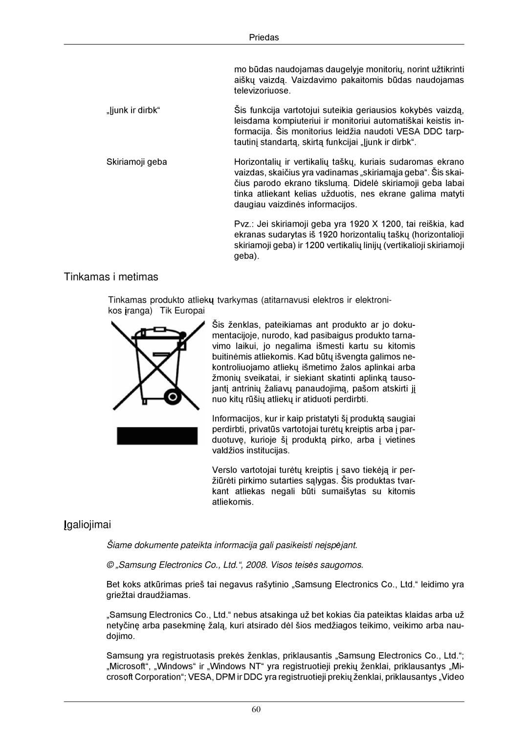 Samsung LS24CMKKFV/EN manual Tinkamas išmetimas, Įgaliojimai 