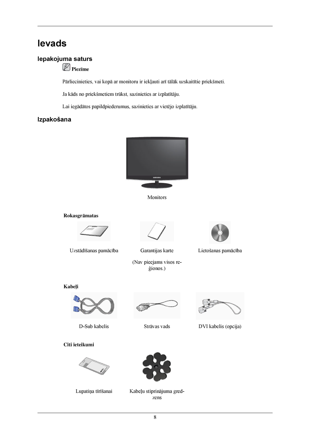 Samsung LS24CMKKFV/EN manual Ievads, Iepakojuma saturs, Izpakošana 