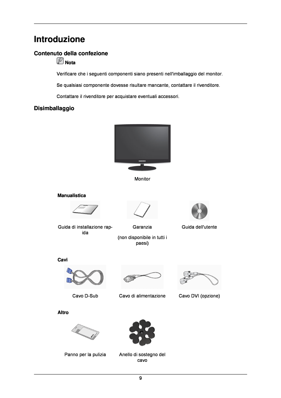 Samsung LS24CMKKFV/EN manual Introduzione, Contenuto della confezione, Disimballaggio 