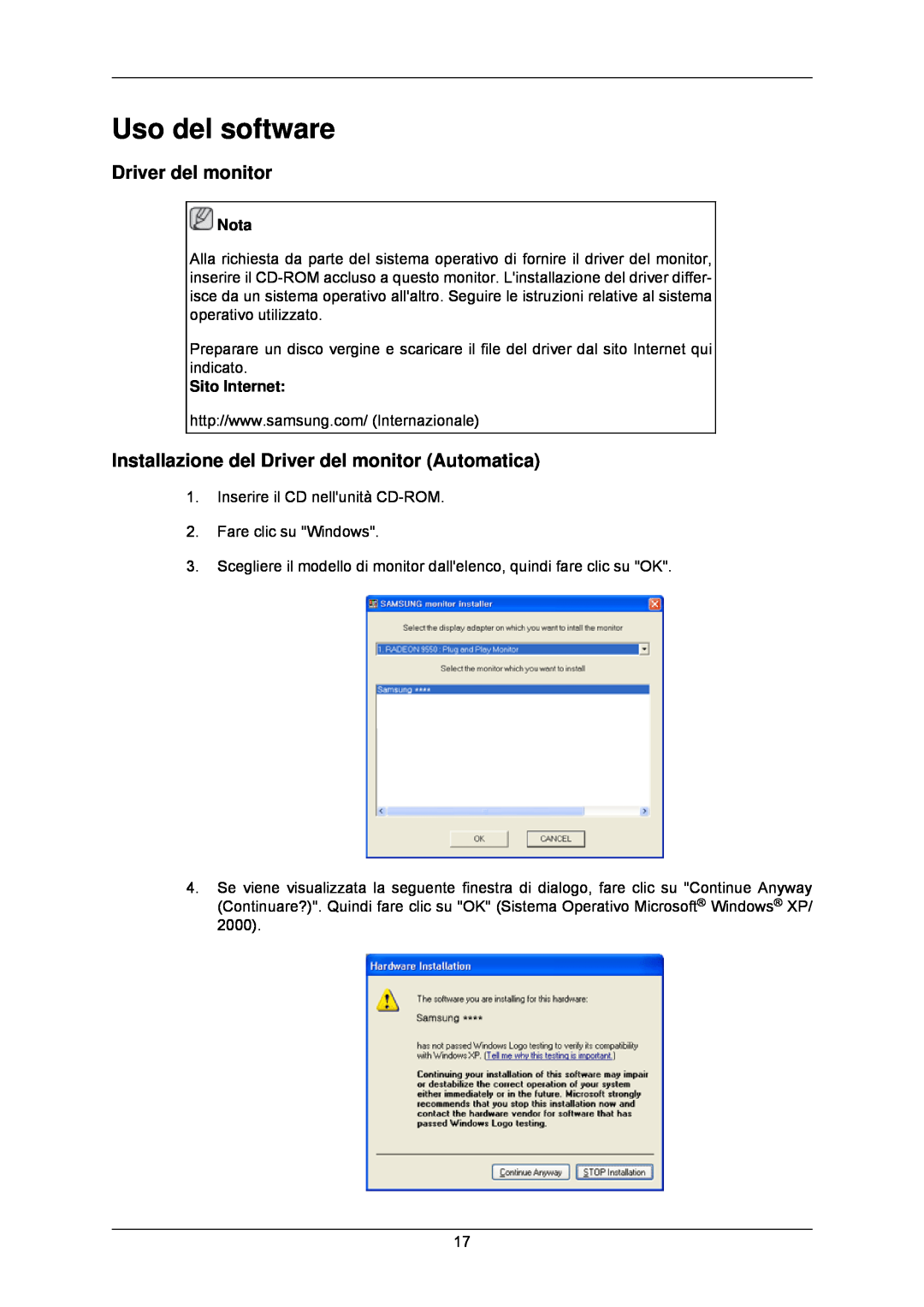 Samsung LS24CMKKFV/EN manual Uso del software, Installazione del Driver del monitor Automatica 