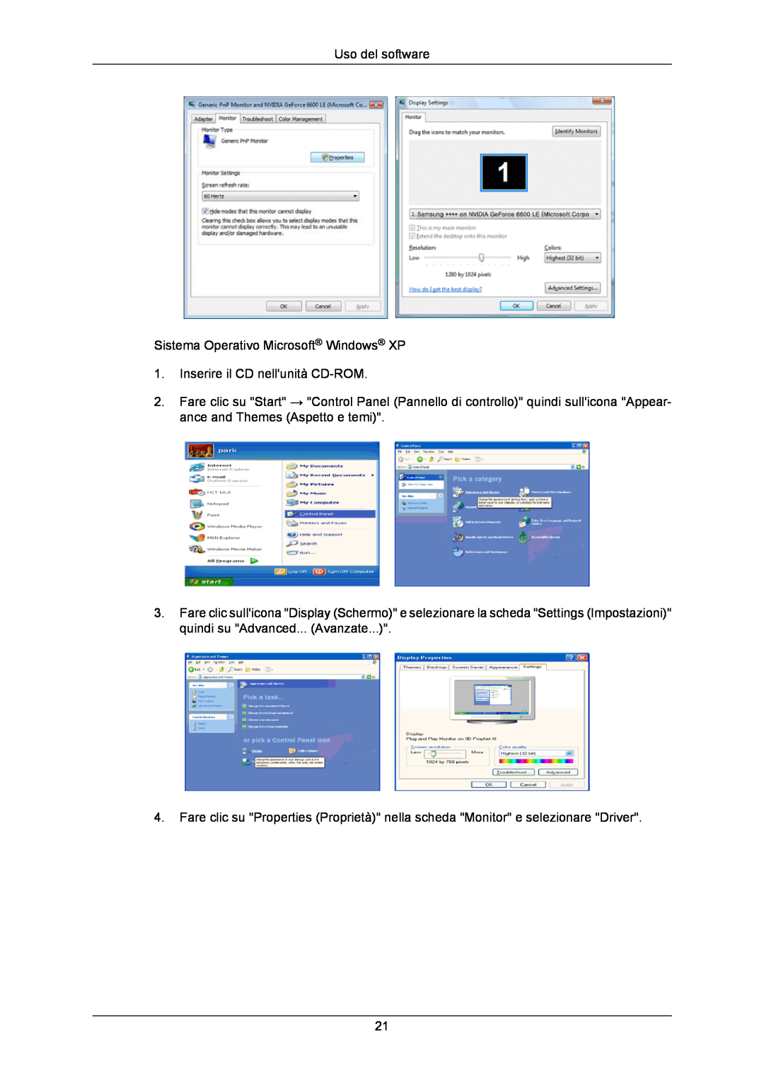 Samsung LS24CMKKFV/EN manual Uso del software, Sistema Operativo Microsoft Windows XP, Inserire il CD nellunità CD-ROM 