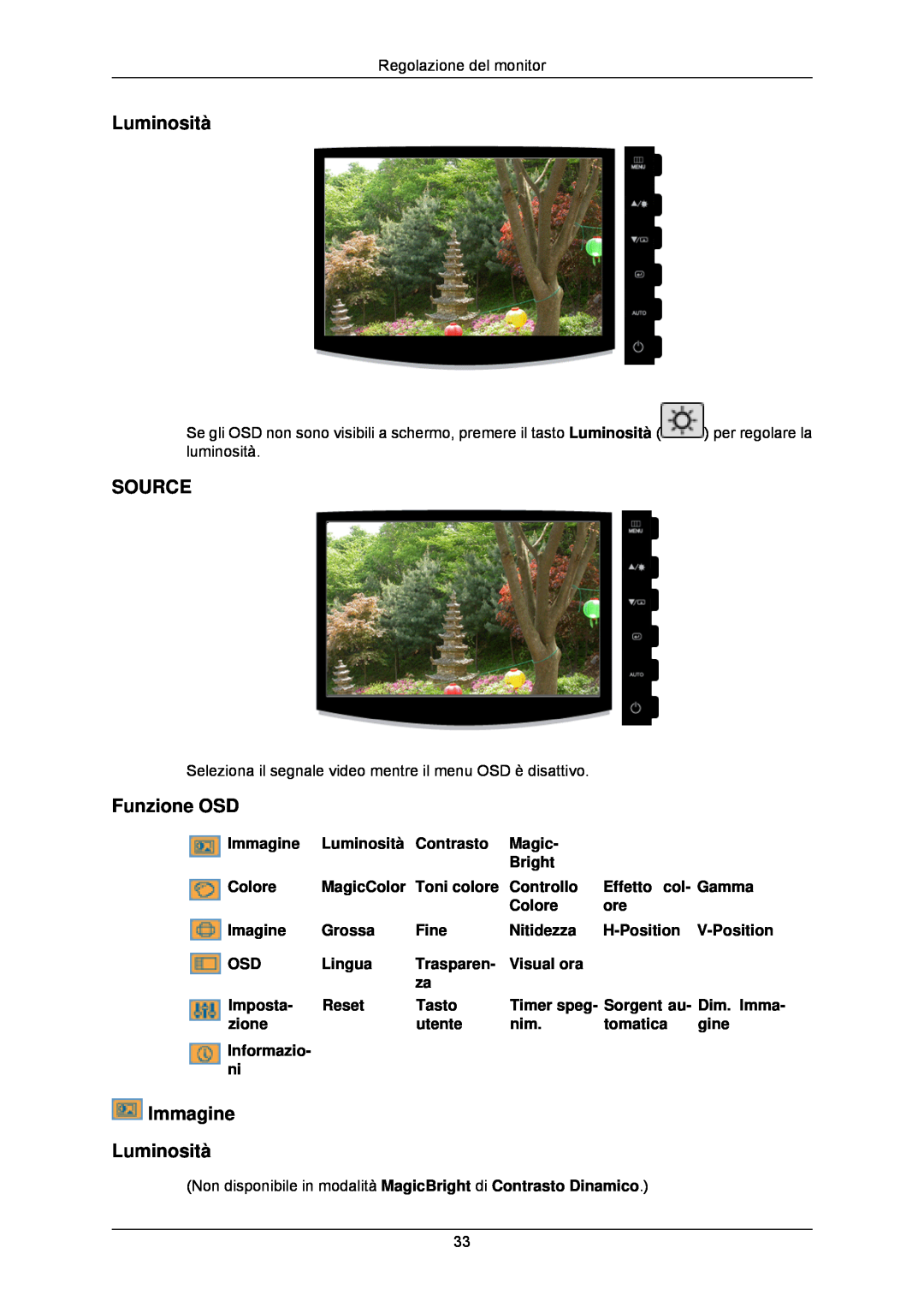 Samsung LS24CMKKFV/EN manual Source, Funzione OSD, Immagine Luminosità 