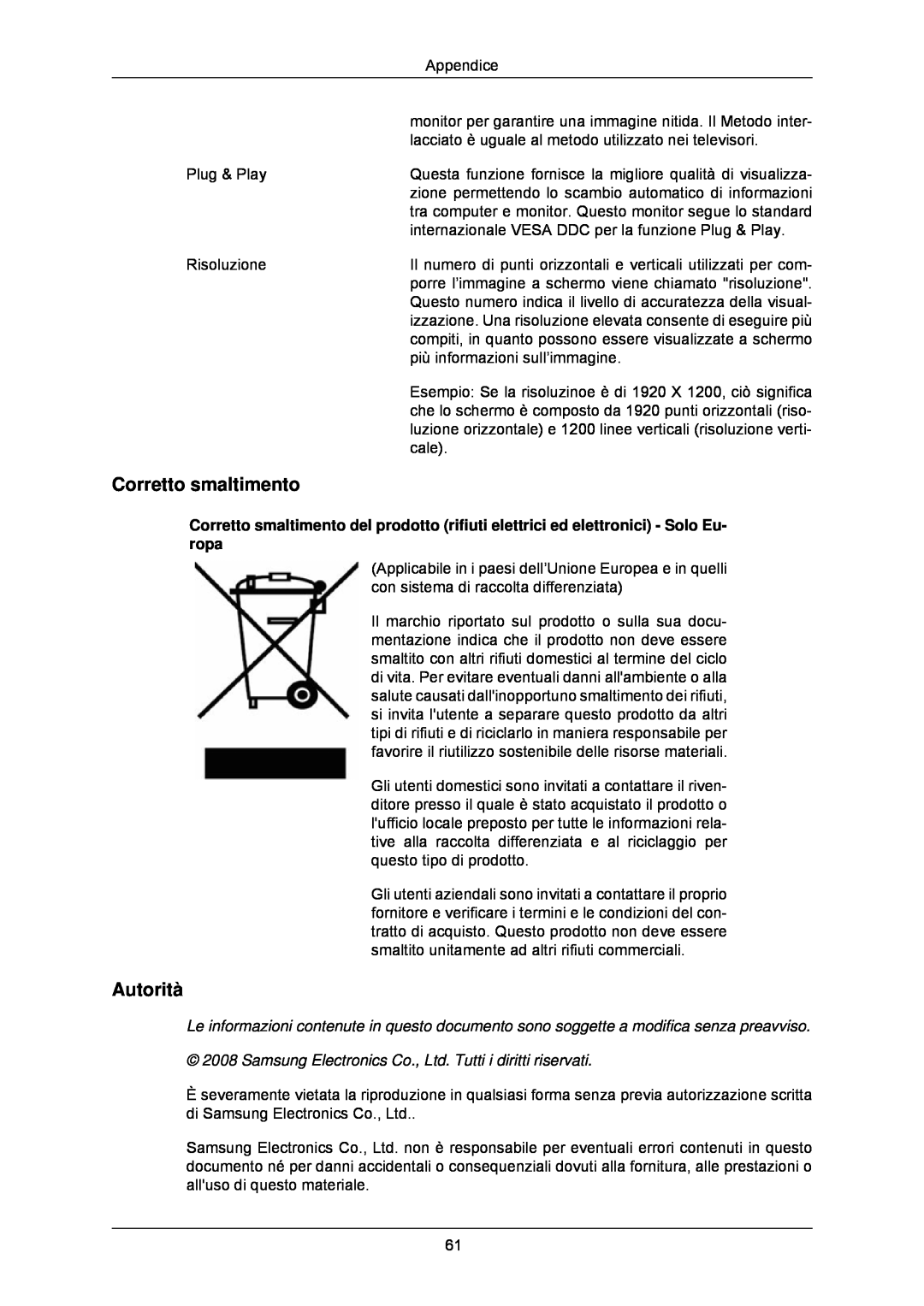 Samsung LS24CMKKFV/EN manual Corretto smaltimento, Autorità 