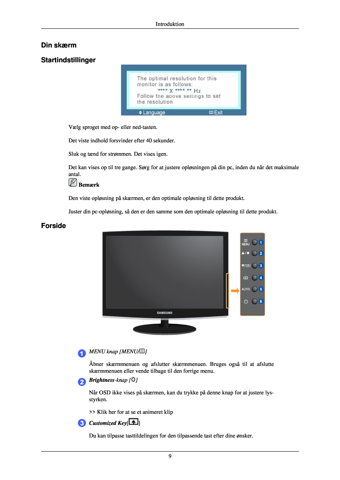 Samsung LS24CMKKFV/EN manual Din skærm Startindstillinger, Forside, MENU knap MENU, Brightness-knap, Customized Key 