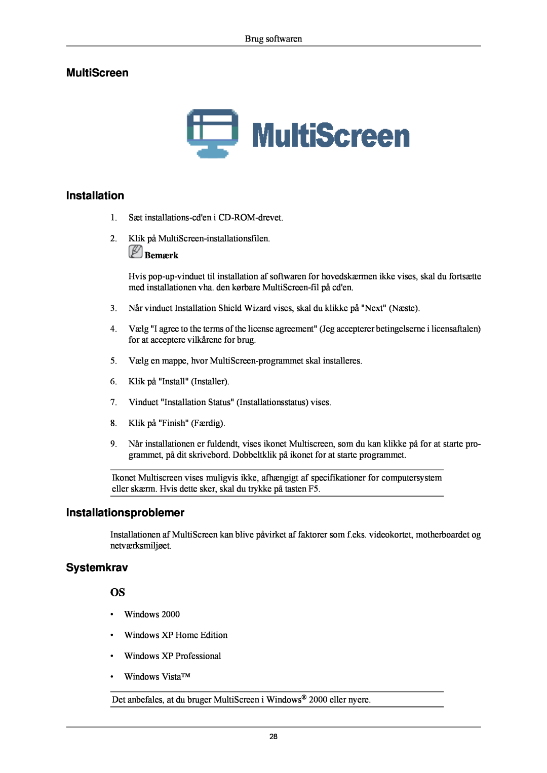 Samsung LS24CMKKFV/EN manual MultiScreen Installation, Installationsproblemer, Systemkrav 