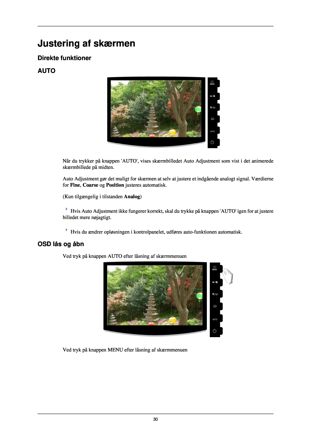 Samsung LS24CMKKFV/EN manual Justering af skærmen, Direkte funktioner AUTO, OSD lås og åbn 