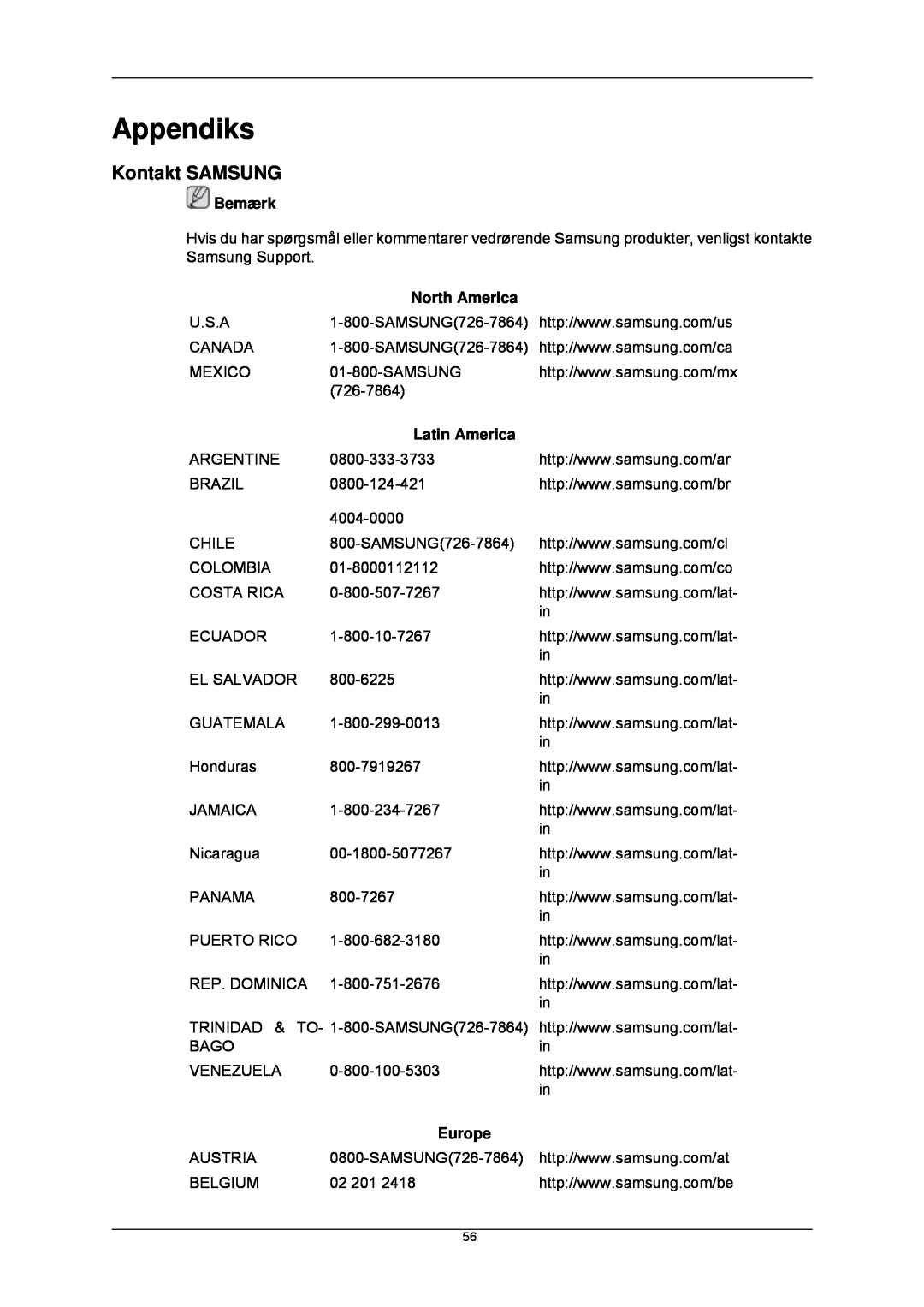Samsung LS24CMKKFV/EN manual Appendiks, Kontakt SAMSUNG, Bemærk, North America, Latin America, Europe 
