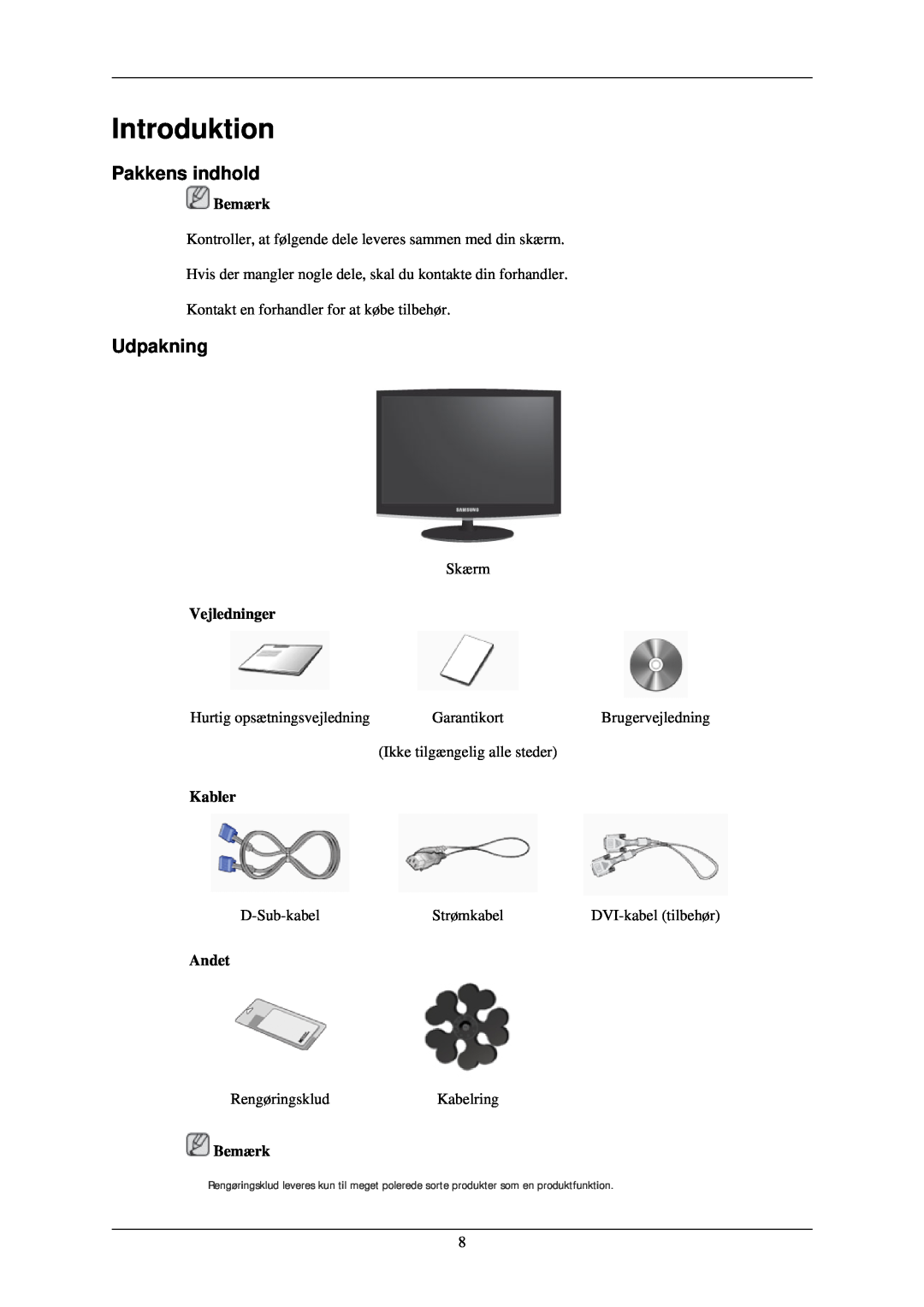Samsung LS24CMKKFV/EN manual Introduktion, Pakkens indhold, Udpakning 