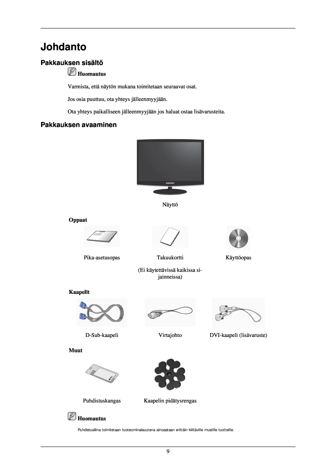 Samsung LS24CMKKFV/EN manual Johdanto, Pakkauksen sisältö, Pakkauksen avaaminen 