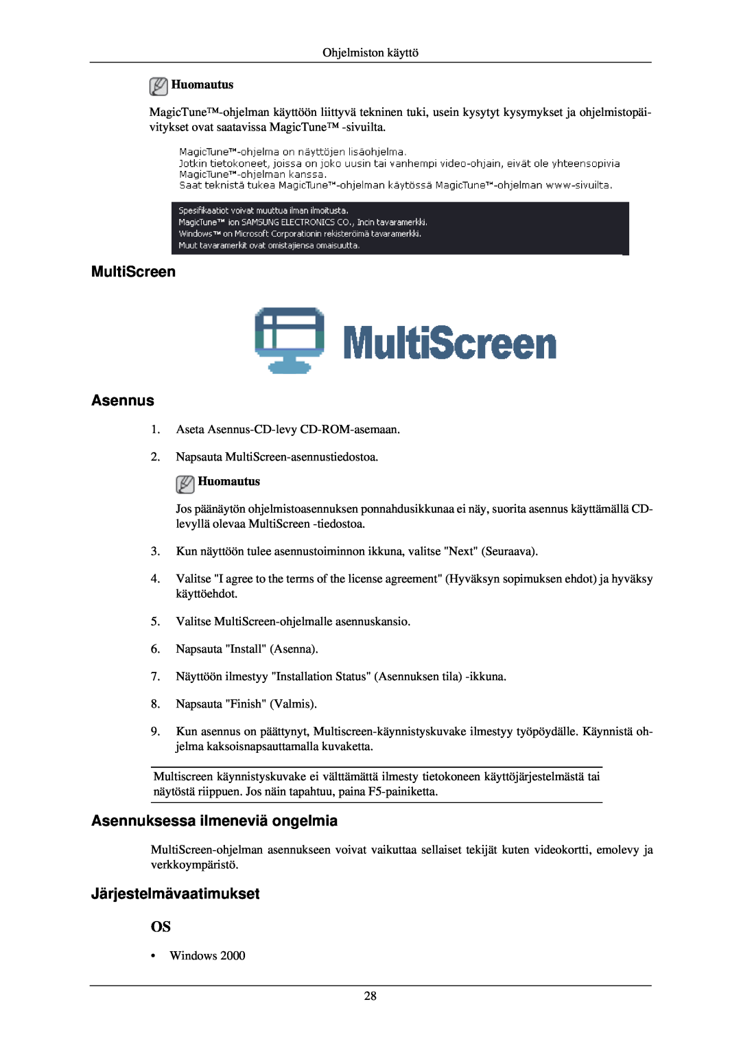 Samsung LS24CMKKFV/EN manual MultiScreen Asennus, Asennuksessa ilmeneviä ongelmia, Järjestelmävaatimukset 