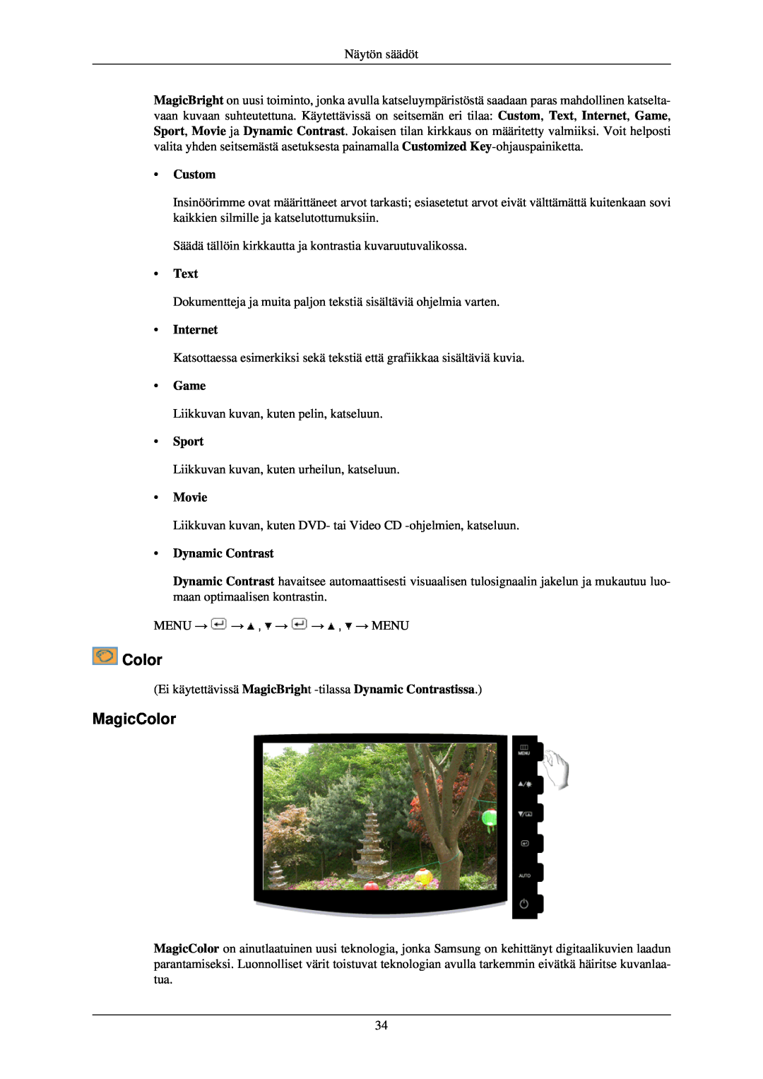Samsung LS24CMKKFV/EN manual MagicColor, Custom, Text, Internet, Game, Sport, Movie, Dynamic Contrast 