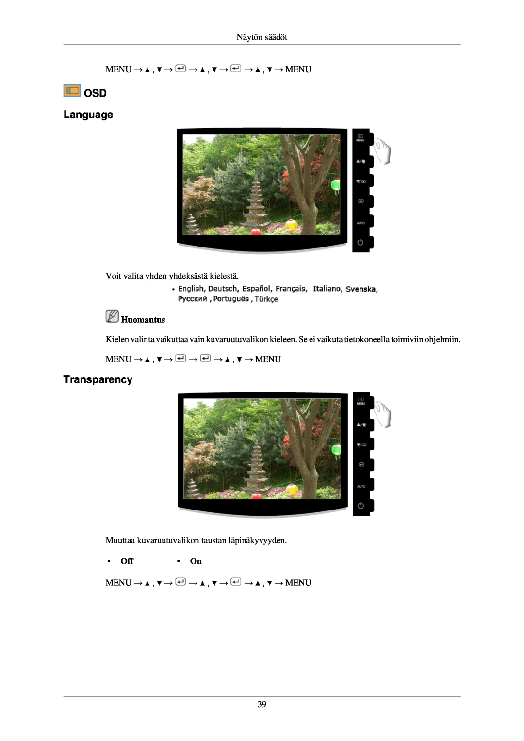 Samsung LS24CMKKFV/EN manual OSD Language, Transparency, Huomautus 