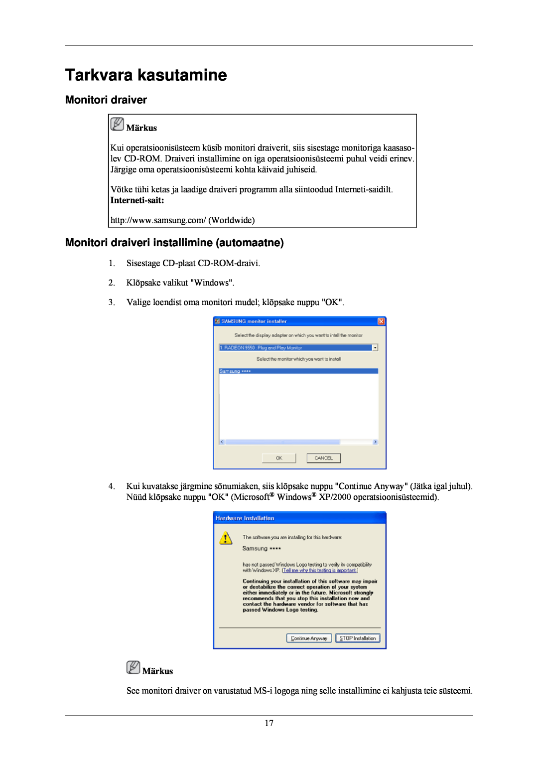 Samsung LS24CMKKFV/EN manual Tarkvara kasutamine, Monitori draiveri installimine automaatne 