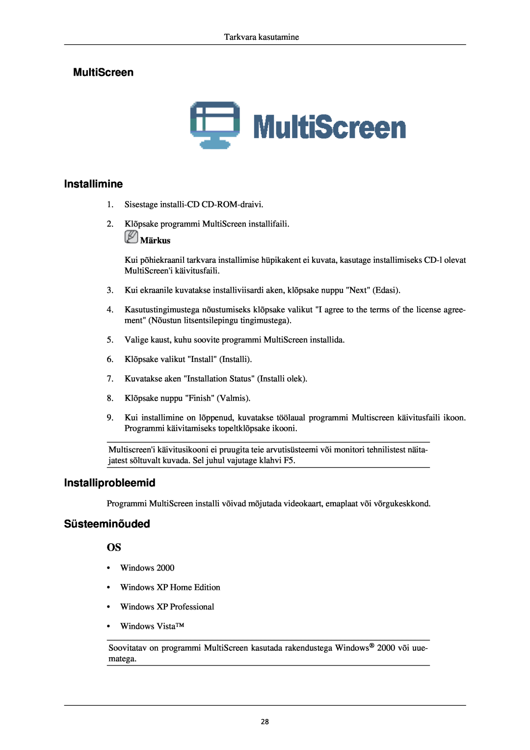 Samsung LS24CMKKFV/EN manual MultiScreen Installimine, Installiprobleemid, Süsteeminõuded, Desinstallimine 