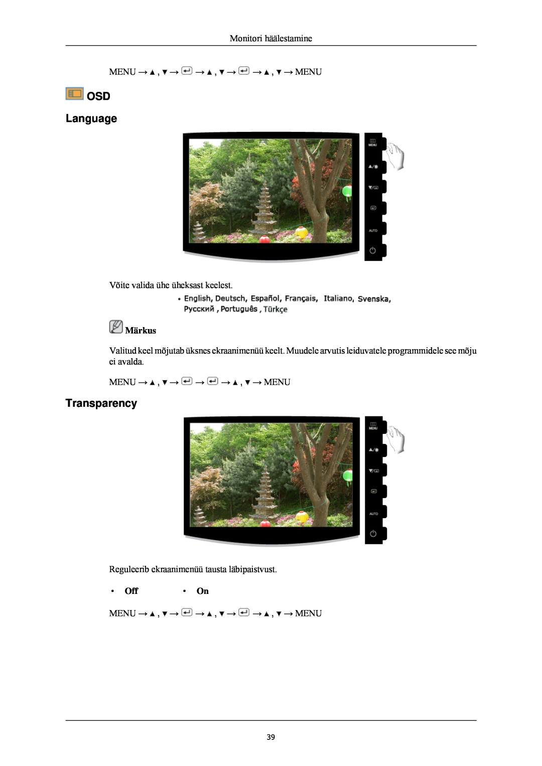 Samsung LS24CMKKFV/EN manual OSD Language, Transparency, Märkus 