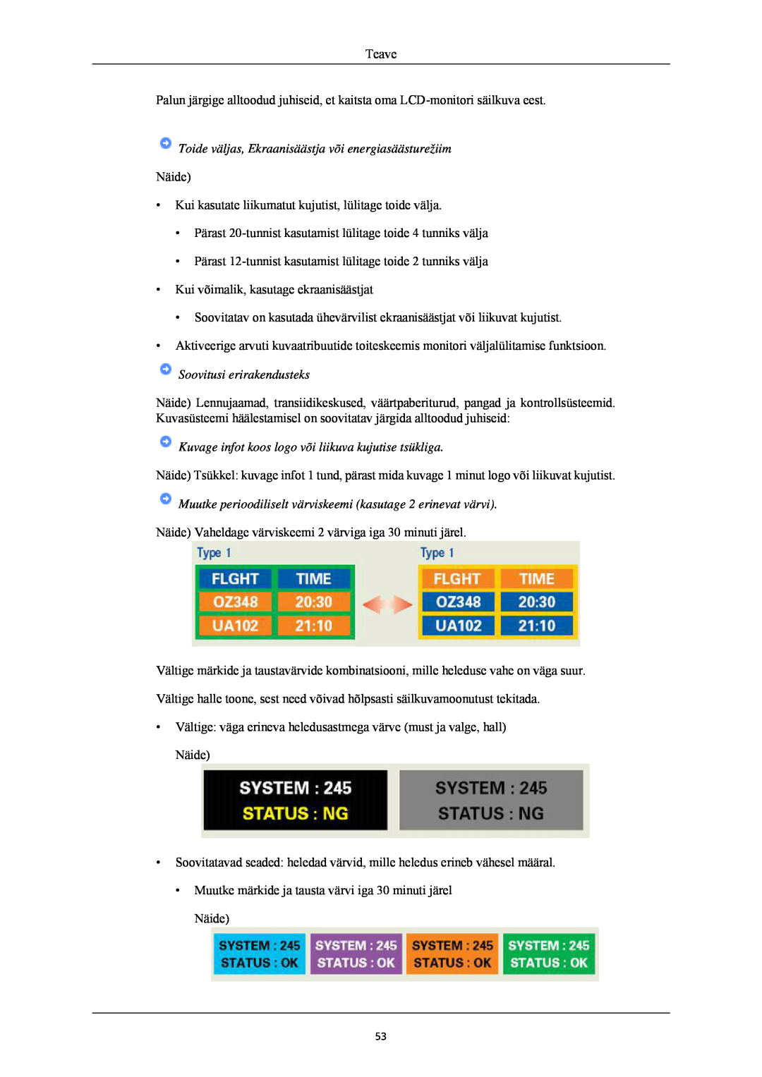 Samsung LS24CMKKFV/EN manual Toide väljas, Ekraanisäästja või energiasäästurežiim, Soovitusi erirakendusteks, Teave 