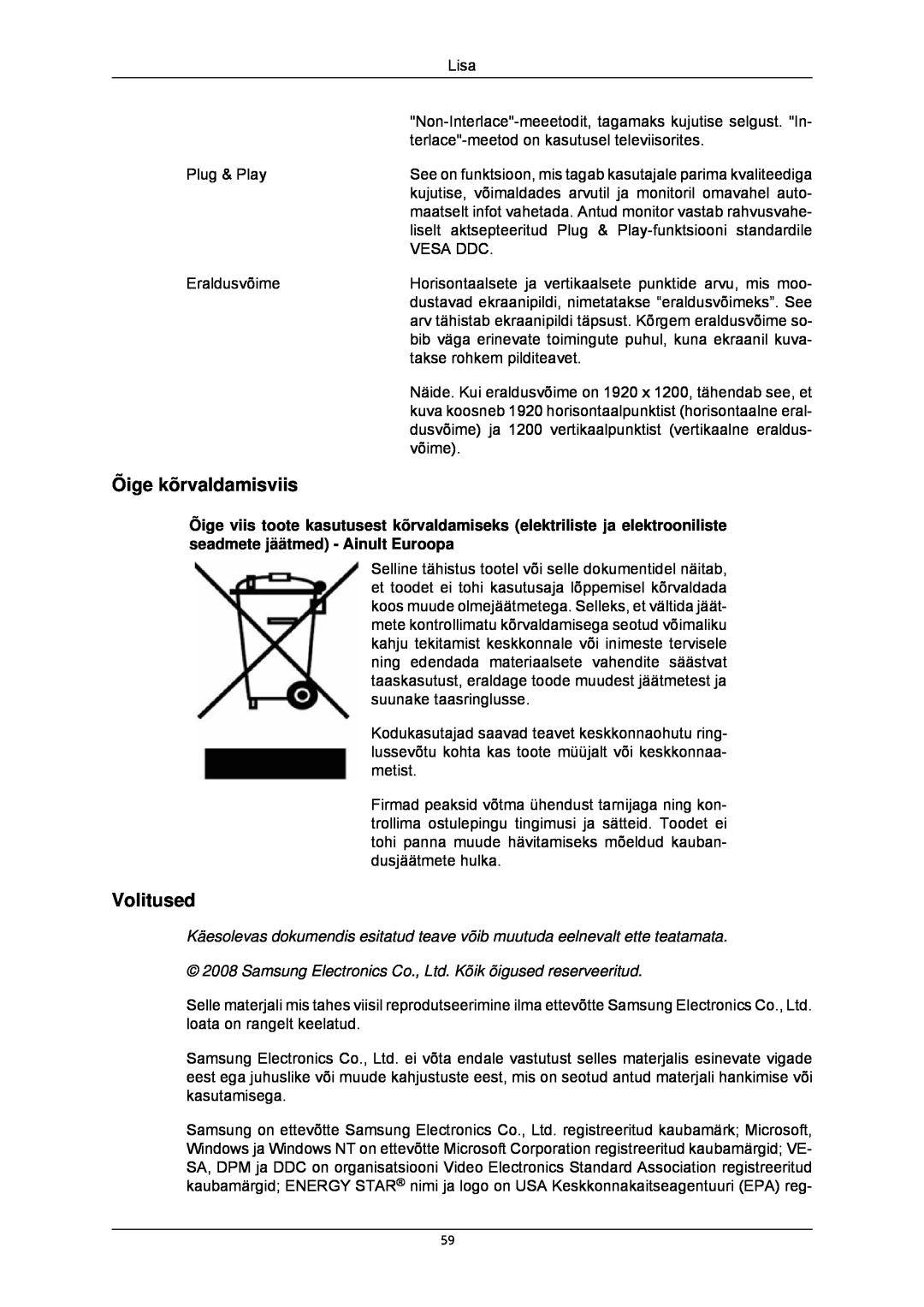 Samsung LS24CMKKFV/EN manual Õige kõrvaldamisviis, Volitused 