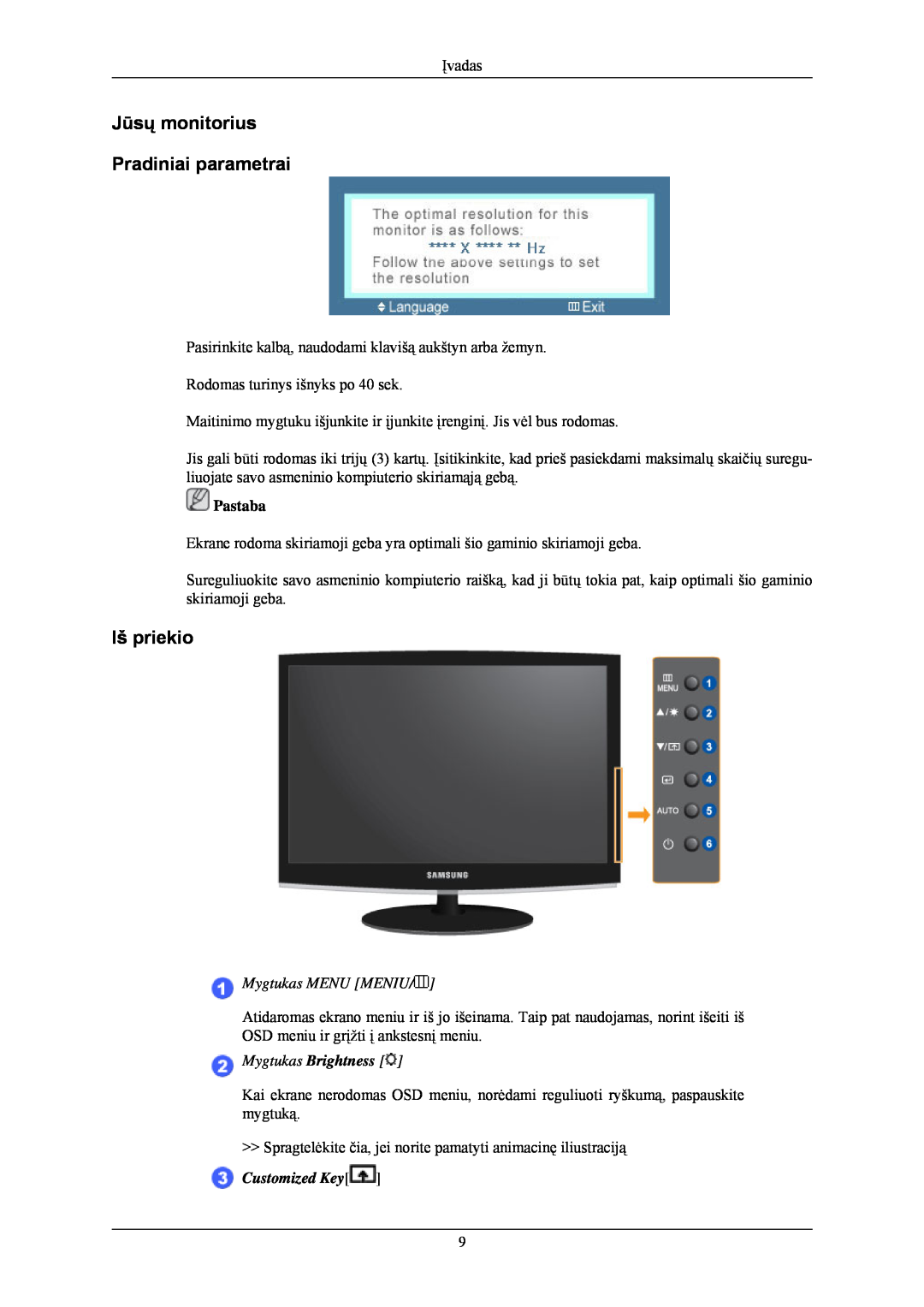 Samsung LS24CMKKFV/EN manual Jūsų monitorius Pradiniai parametrai, Iš priekio, Customized Key 