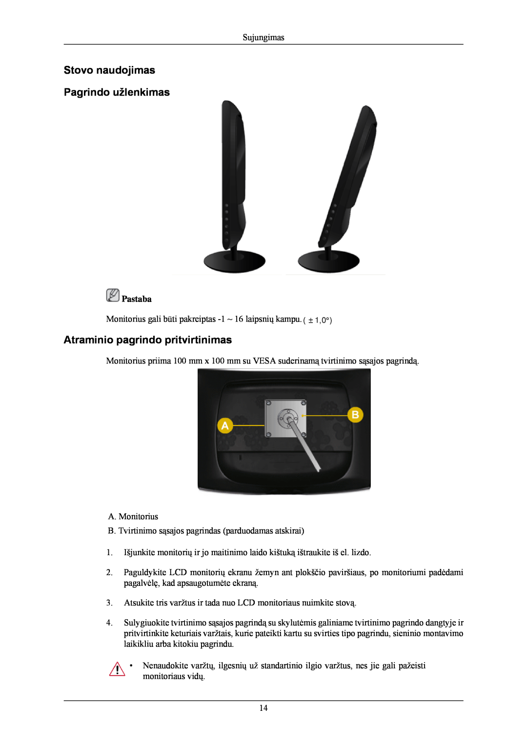 Samsung LS24CMKKFV/EN manual Stovo naudojimas Pagrindo užlenkimas, Atraminio pagrindo pritvirtinimas 