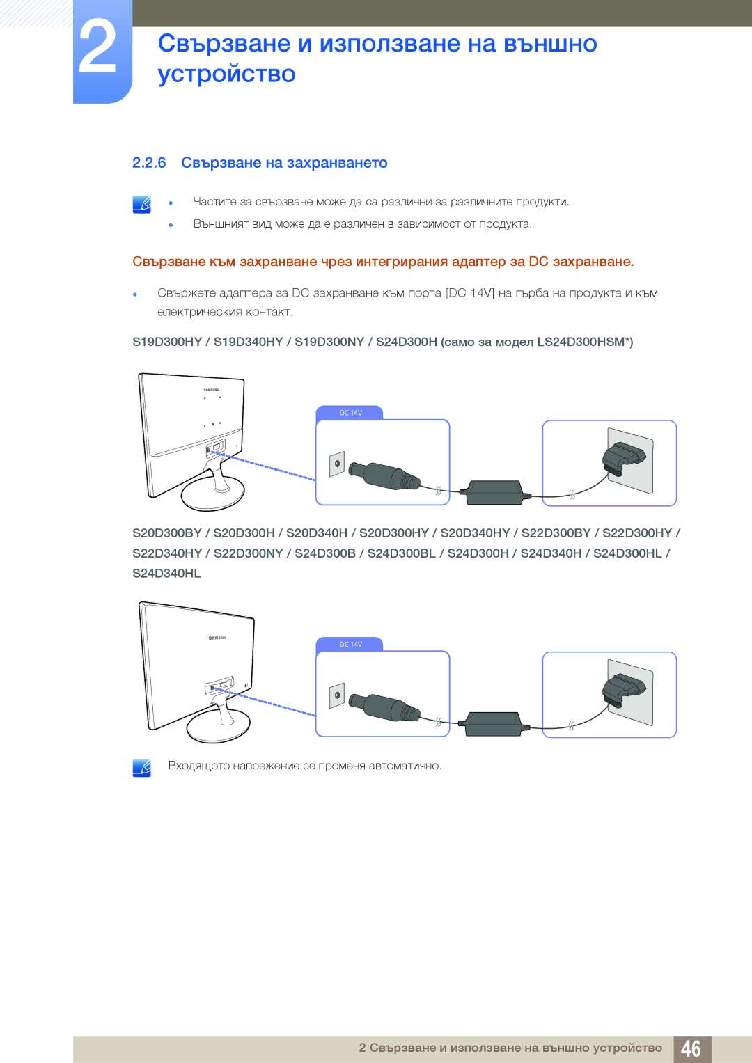 Samsung LS24D300HL/EN, LS24D300HS/EN, LS22D300HY/EN, LS22D300NY/EN, LS19D300NY/EN manual 6 Свързване на захранването 