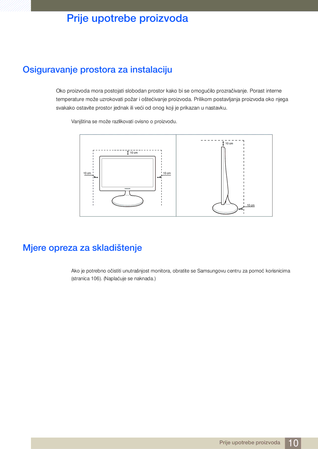 Samsung LS24D300HS/EN, LS24D300HL/EN, LS22D300HY/EN manual Osiguravanje prostora za instalaciju, Mjere opreza za skladištenje 