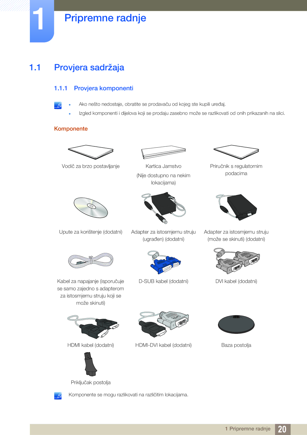 Samsung LS24D300HS/EN, LS24D300HL/EN, LS22D300HY/EN Pripremne radnje, Provjera sadržaja, Provjera komponenti, Komponente 