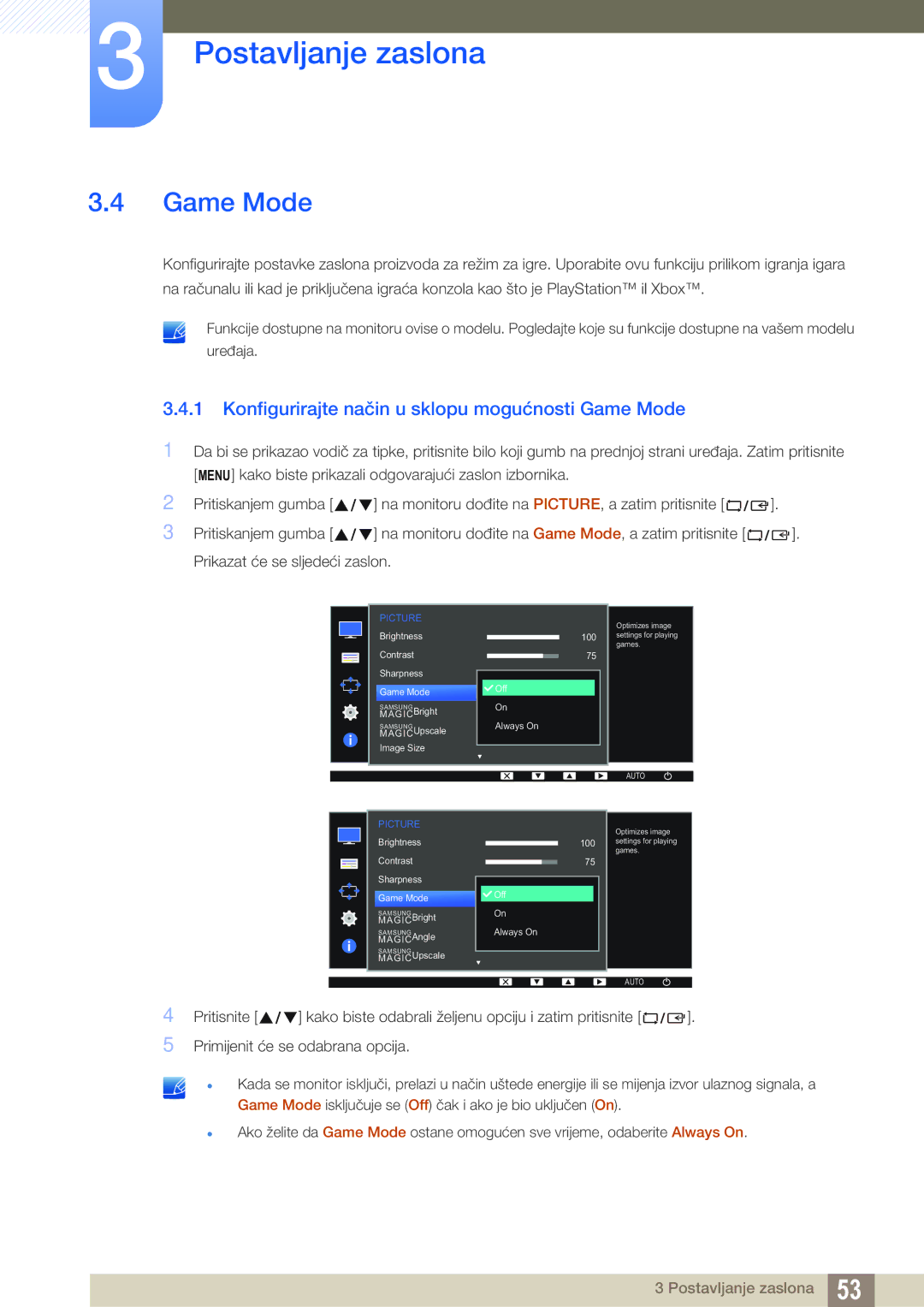 Samsung LS22D300NY/EN, LS24D300HS/EN, LS24D300HL/EN, LS22D300HY/EN Konfigurirajte način u sklopu mogućnosti Game Mode 