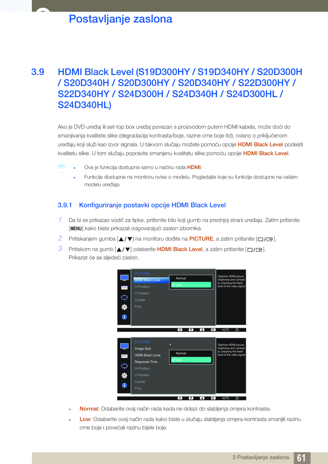 Samsung LS24D300HL/EN, LS24D300HS/EN, LS22D300HY/EN manual Konfiguriranje postavki opcije Hdmi Black Level, Normal Low 