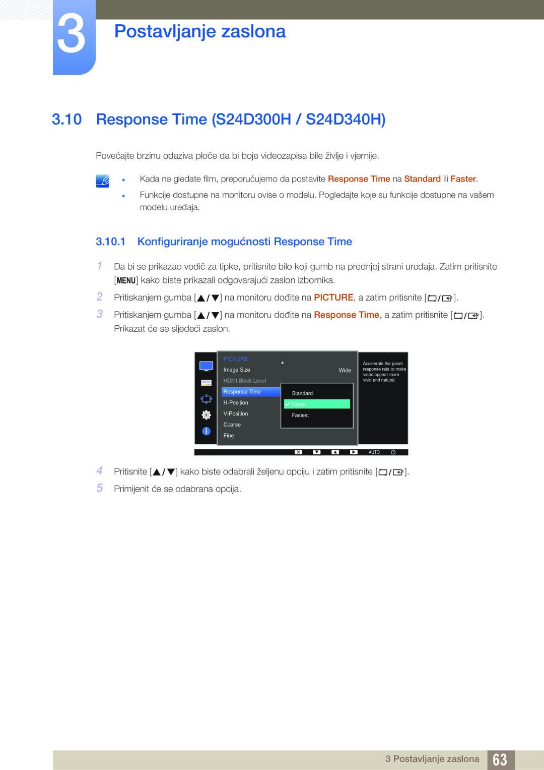 Samsung LS22D300NY/EN, LS24D300HS/EN manual Response Time S24D300H / S24D340H, Konfiguriranje mogućnosti Response Time 