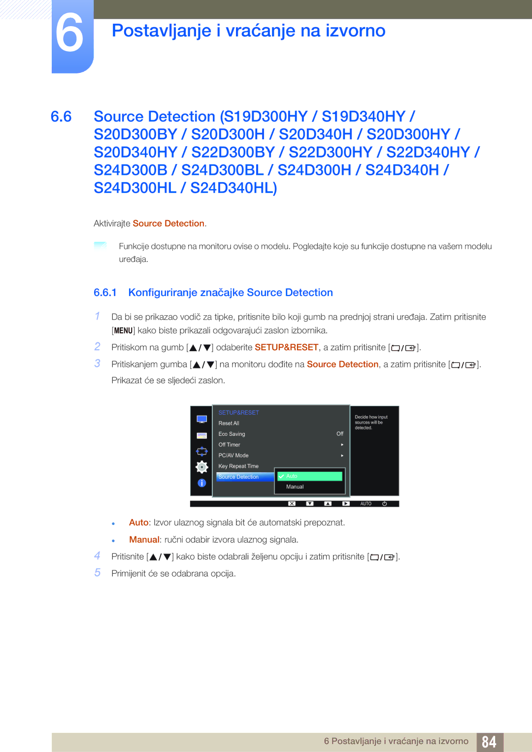 Samsung LS19D300NY/EN, LS24D300HS/EN, LS24D300HL/EN Konfiguriranje značajke Source Detection, Aktivirajte Source Detection 