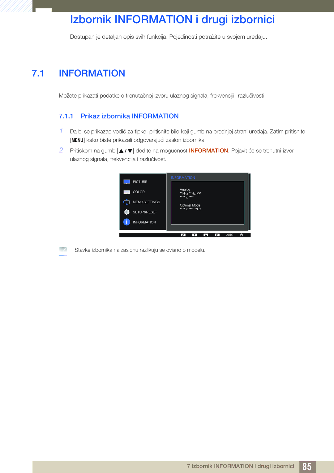 Samsung LS24D300HS/EN, LS24D300HL/EN, LS22D300HY/EN Izbornik Information i drugi izbornici, Prikaz izbornika Information 