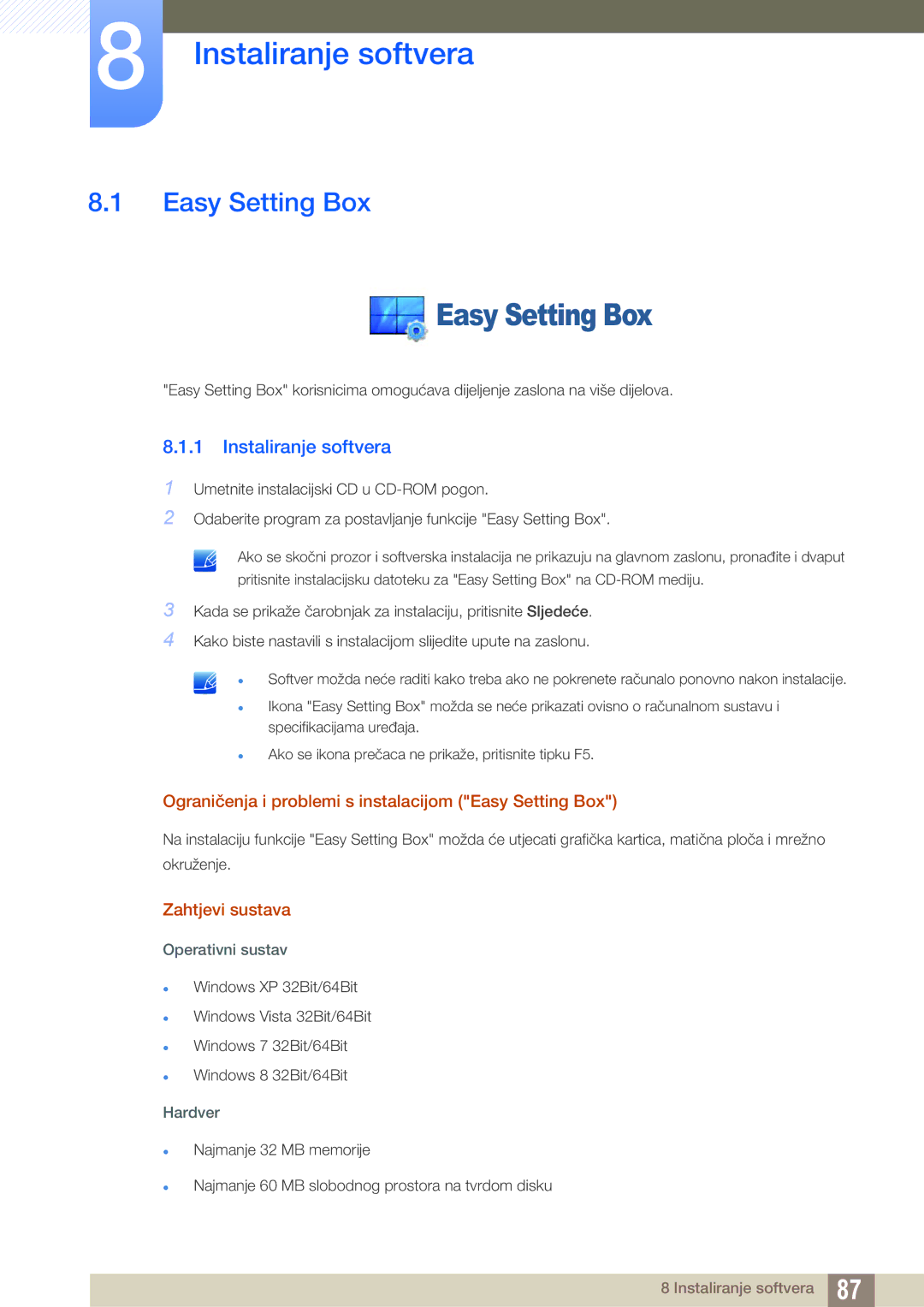Samsung LS22D300HY/EN Instaliranje softvera, Ograničenja i problemi s instalacijom Easy Setting Box, Zahtjevi sustava 