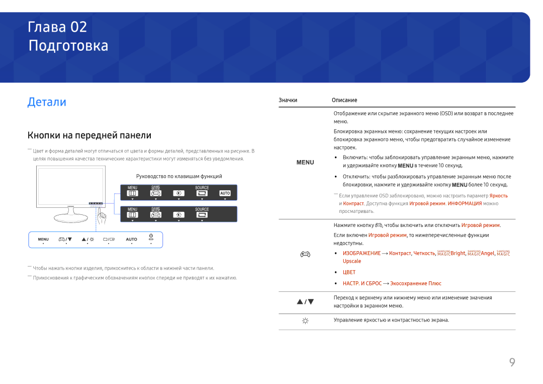 Samsung LS24D330HSO/RU manual Подготовка, Детали, Кнопки на передней панели, Upscale, НАСТР. И Сброс Экосохранение Плюс 