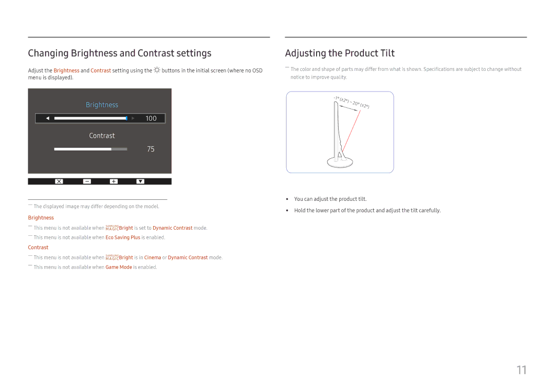 Samsung LS24D330HSX/CH, LS24D330HSX/EN, LS24D330HS/XV Changing Brightness and Contrast settings, Adjusting the Product Tilt 