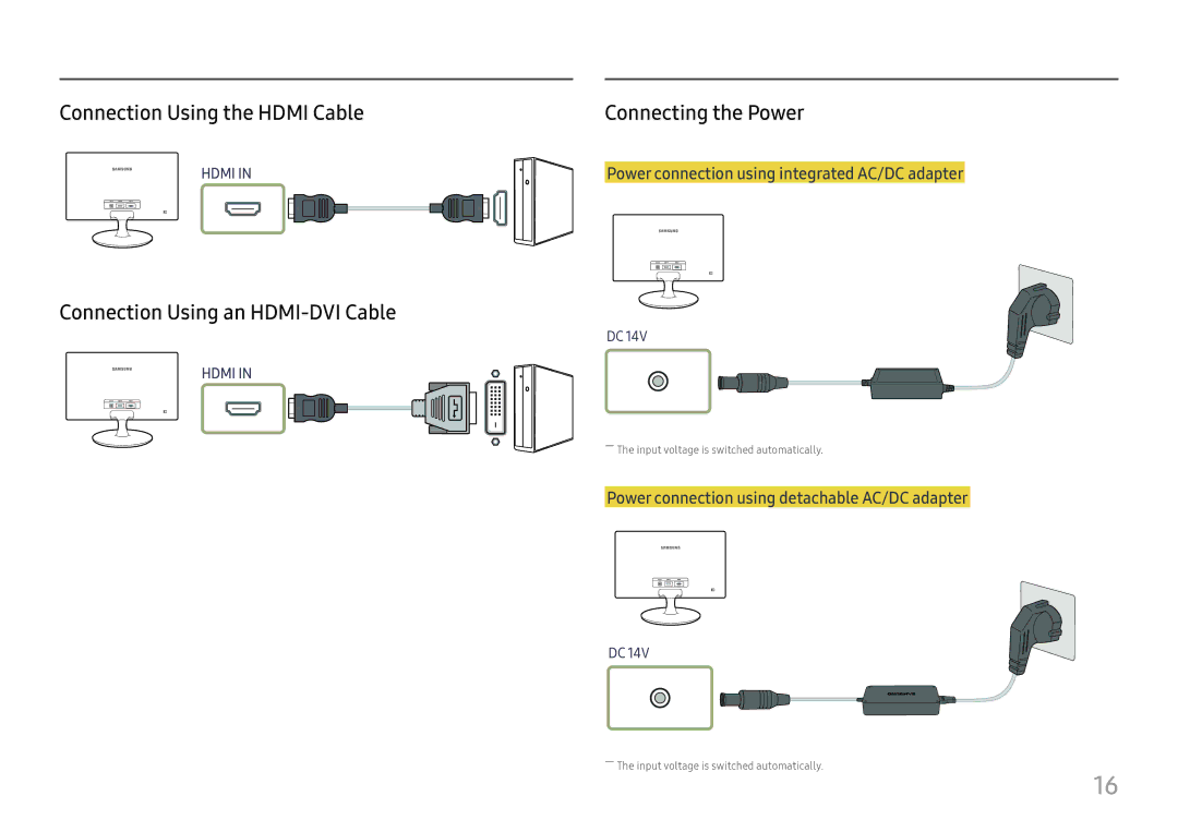 Samsung LS24D330HSX/EN manual Connection Using the Hdmi Cable, Connection Using an HDMI-DVI Cable, Connecting the Power 