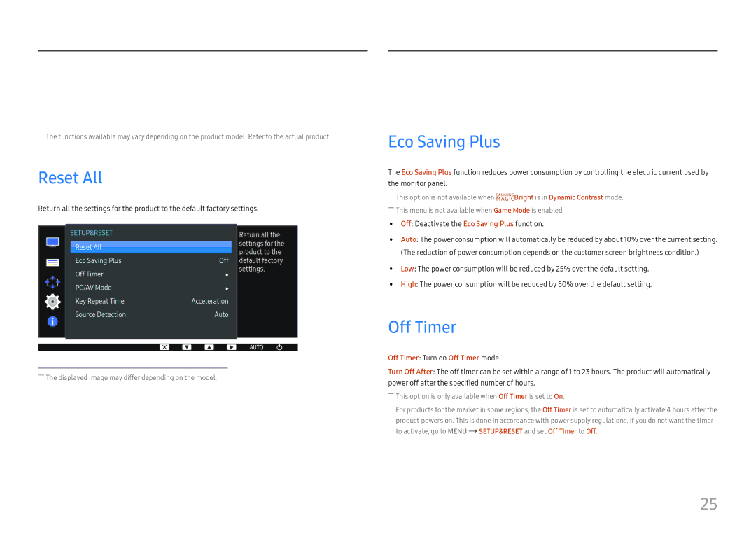 Samsung LS24D330HS/XV, LS24D330HSX/EN, LS24D330HSO/RU, LS24D330HSX/CH Setup and Reset, Reset All, Eco Saving Plus, Off Timer 