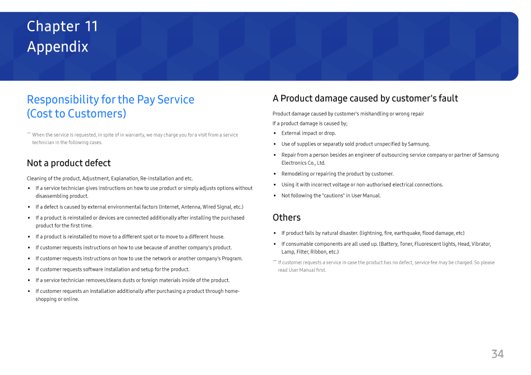 Samsung LS24D330HSO/RU manual Appendix, Responsibility for the Pay Service Cost to Customers, Not a product defect, Others 