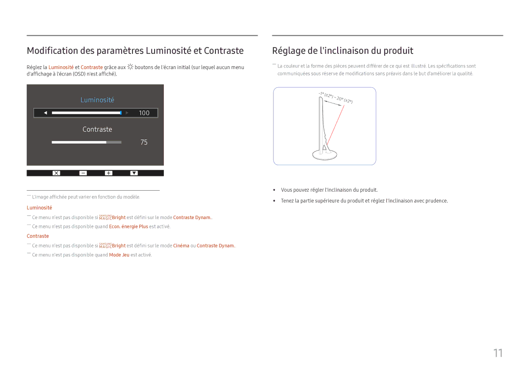 Samsung LS24D330HSX/EN manual Modification des paramètres Luminosité et Contraste, Réglage de linclinaison du produit 