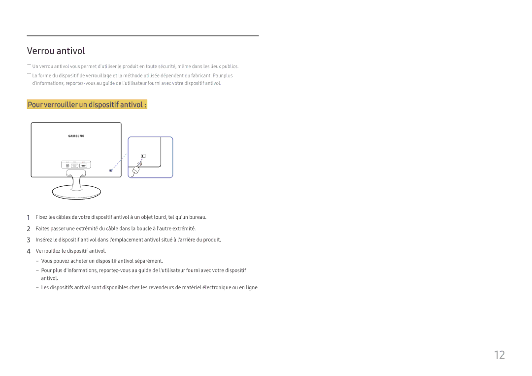 Samsung LS24D330HSX/EN manual Verrou antivol, Pour verrouiller un dispositif antivol 