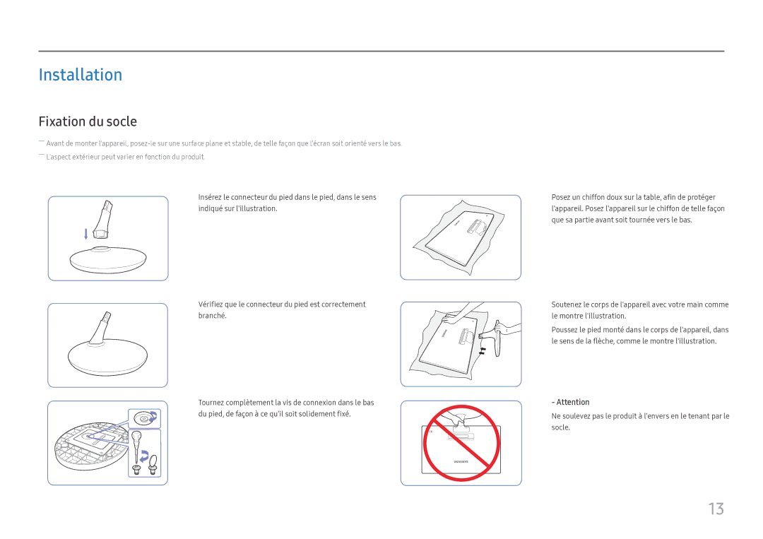 Samsung LS24D330HSX/EN manual Installation, Fixation du socle 