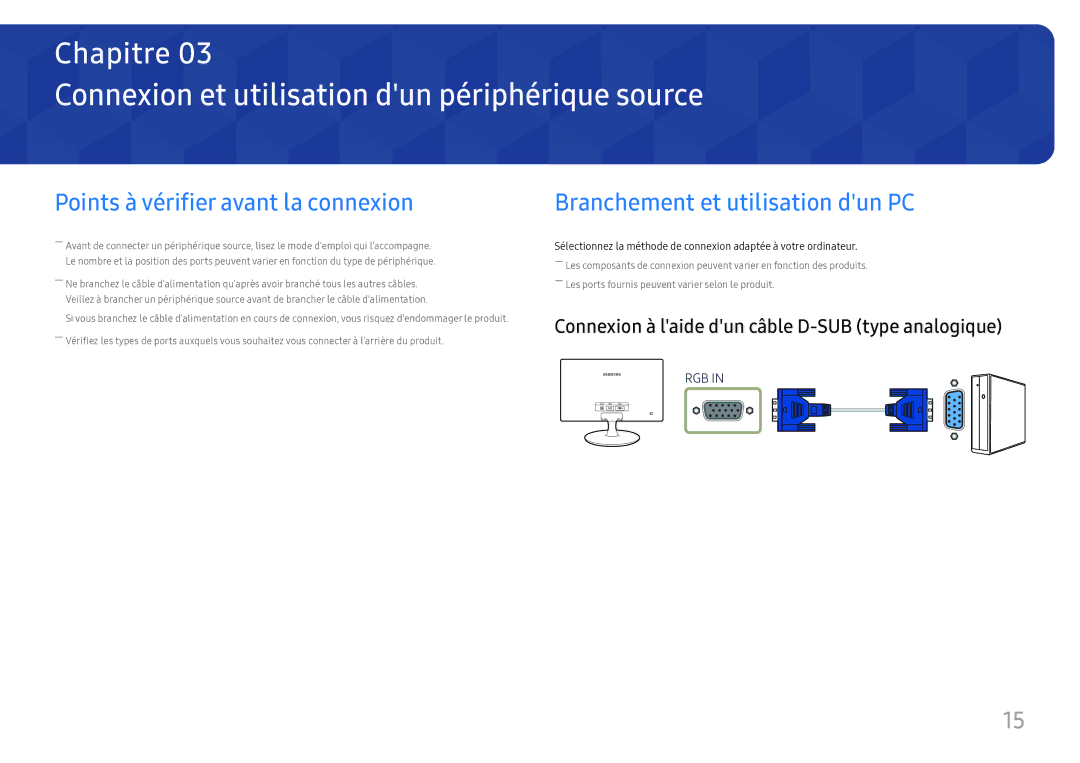 Samsung LS24D330HSX/EN manual Connexion et utilisation dun périphérique source, Points à vérifier avant la connexion 