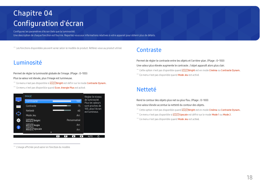 Samsung LS24D330HSX/EN manual Configuration décran, Luminosité, Contraste, Netteté 