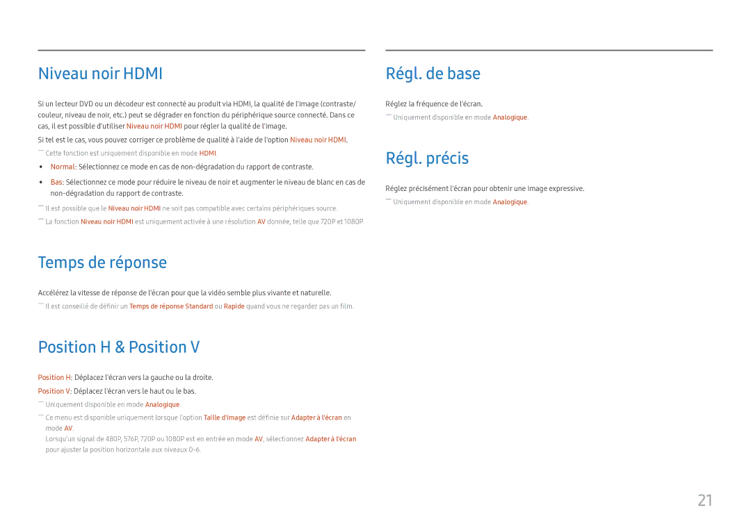 Samsung LS24D330HSX/EN manual Niveau noir Hdmi, Temps de réponse, Position H & Position, Régl. de base, Régl. précis 
