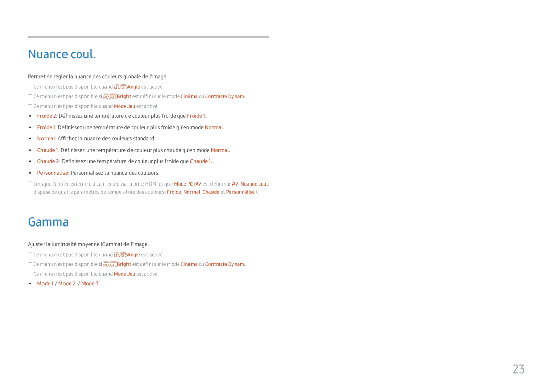 Samsung LS24D330HSX/EN manual Nuance coul, Gamma, Mode 1 / Mode 2 / Mode 